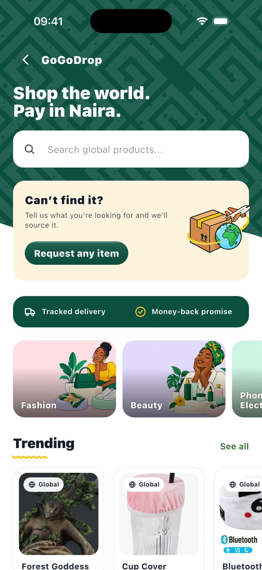 GoGoDrop in the GoGo app: search global products, request any item, and trending items priced in Naira