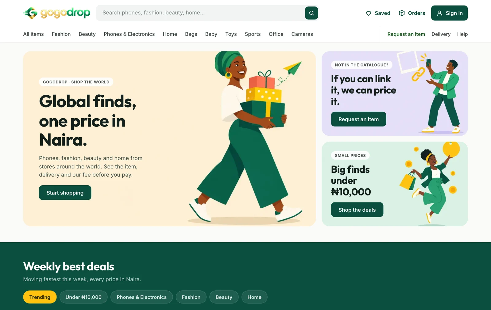 The GoGoDrop storefront home page: promo banners and weekly best deals in Naira