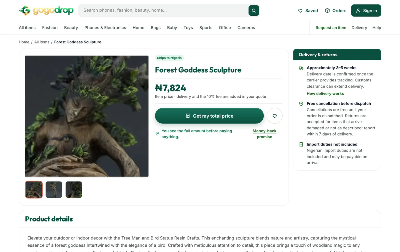 A GoGoDrop product page with the delivery and returns summary